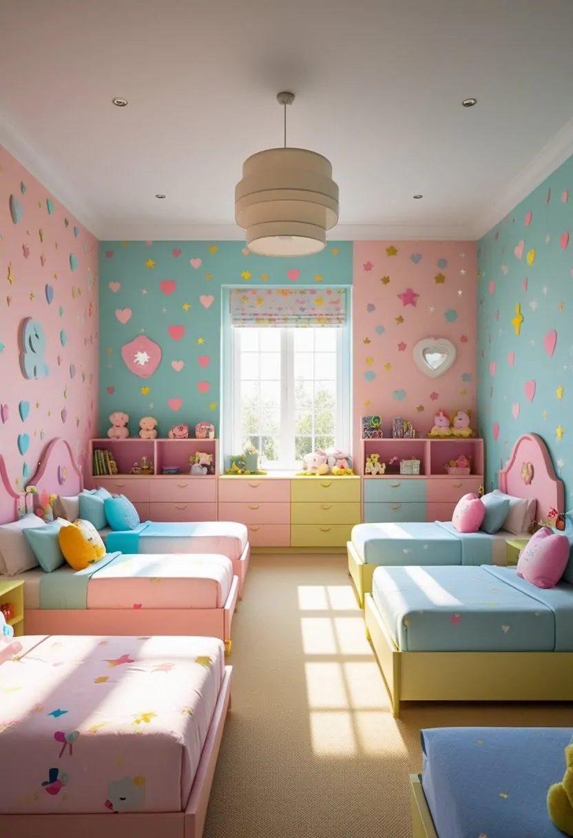 A bright girls' bedroom with eight beds and colorful wallpaper featuring playful patterns and soft pastel colors.