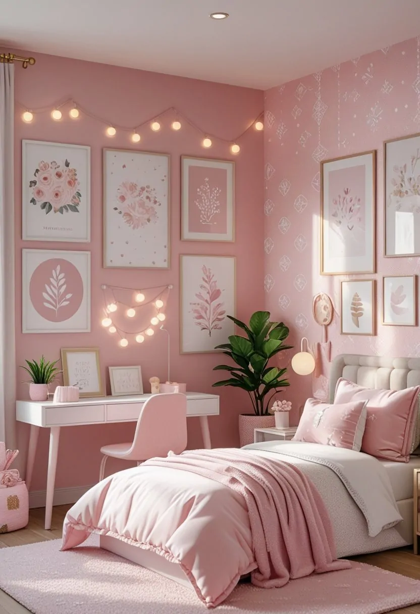 A girls' bedroom with eight different blush pink wallpaper patterns, a bed, desk, and decorative items.