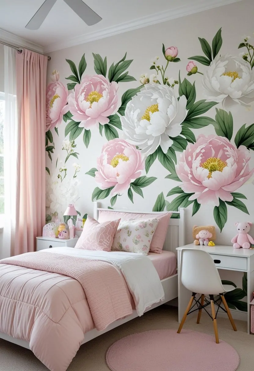 A girls' bedroom with a wall covered in pink and white peony floral wallpaper, a bed with pastel bedding, a desk, and natural light coming through a window.