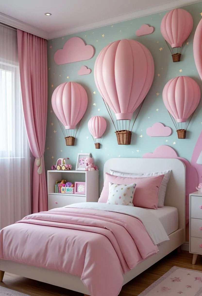 A girls' bedroom with pink air balloon wallpaper, a bed with pink and white bedding, and cozy decorations.