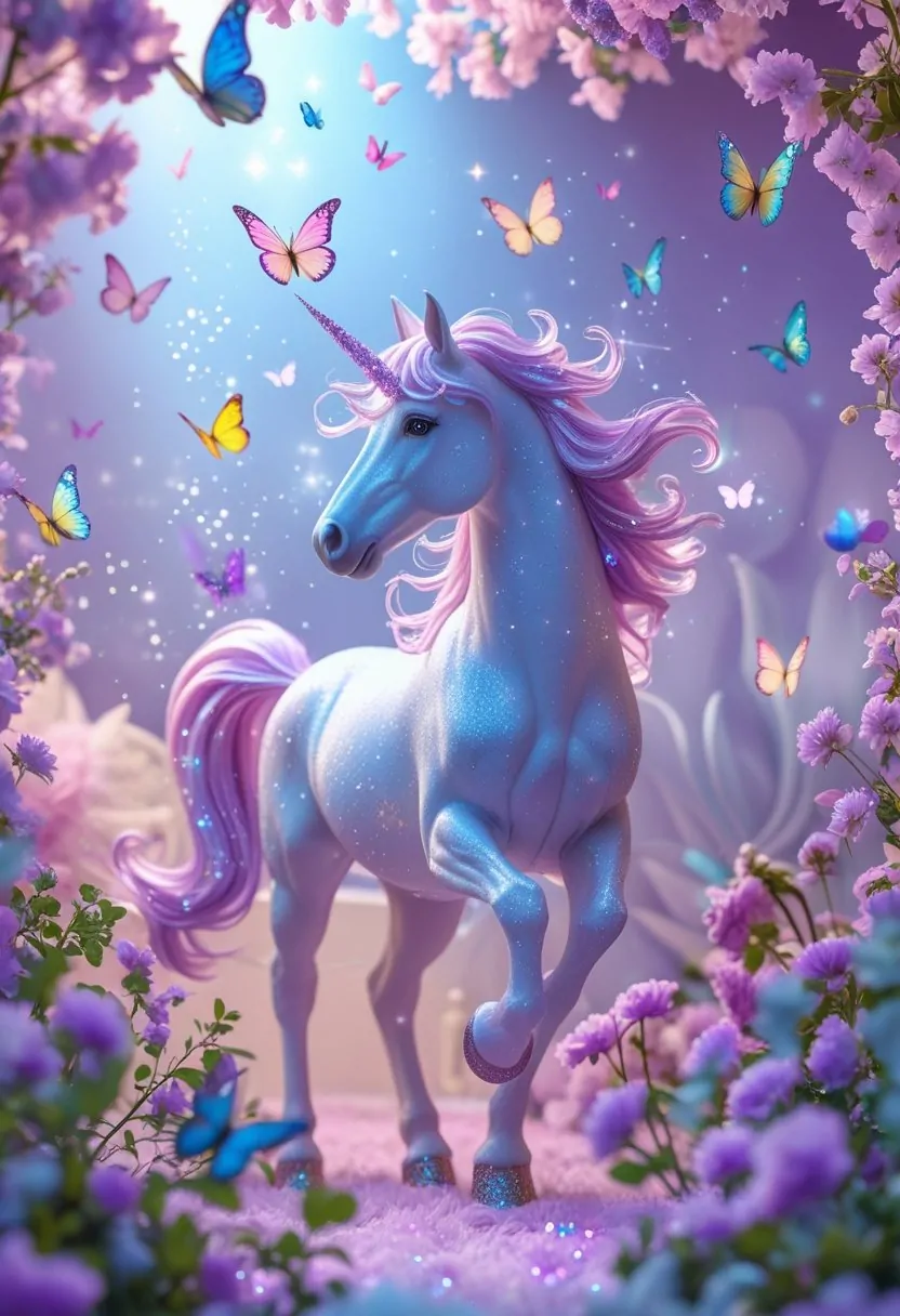 A bedroom wallpaper showing a unicorn surrounded by colorful butterflies and floral patterns in soft pastel colors.
