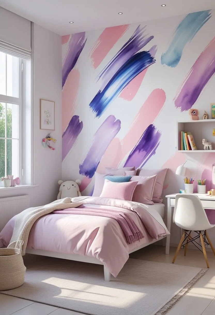 A girls' bedroom with colorful abstract paintbrush pattern wallpaper, a cozy bed, desk, and natural light coming through a window.