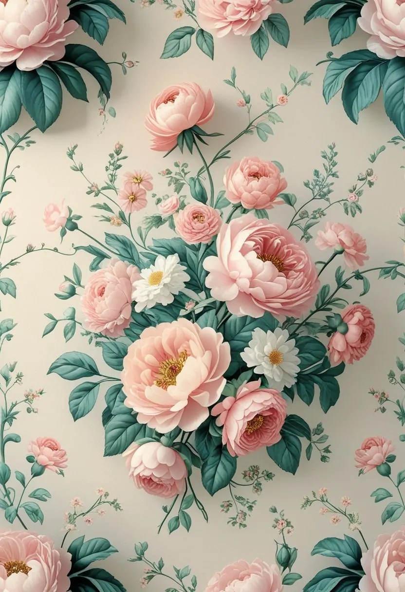 Wallpaper with a vintage floral bouquet pattern featuring pastel flowers and green leaves on a light background.