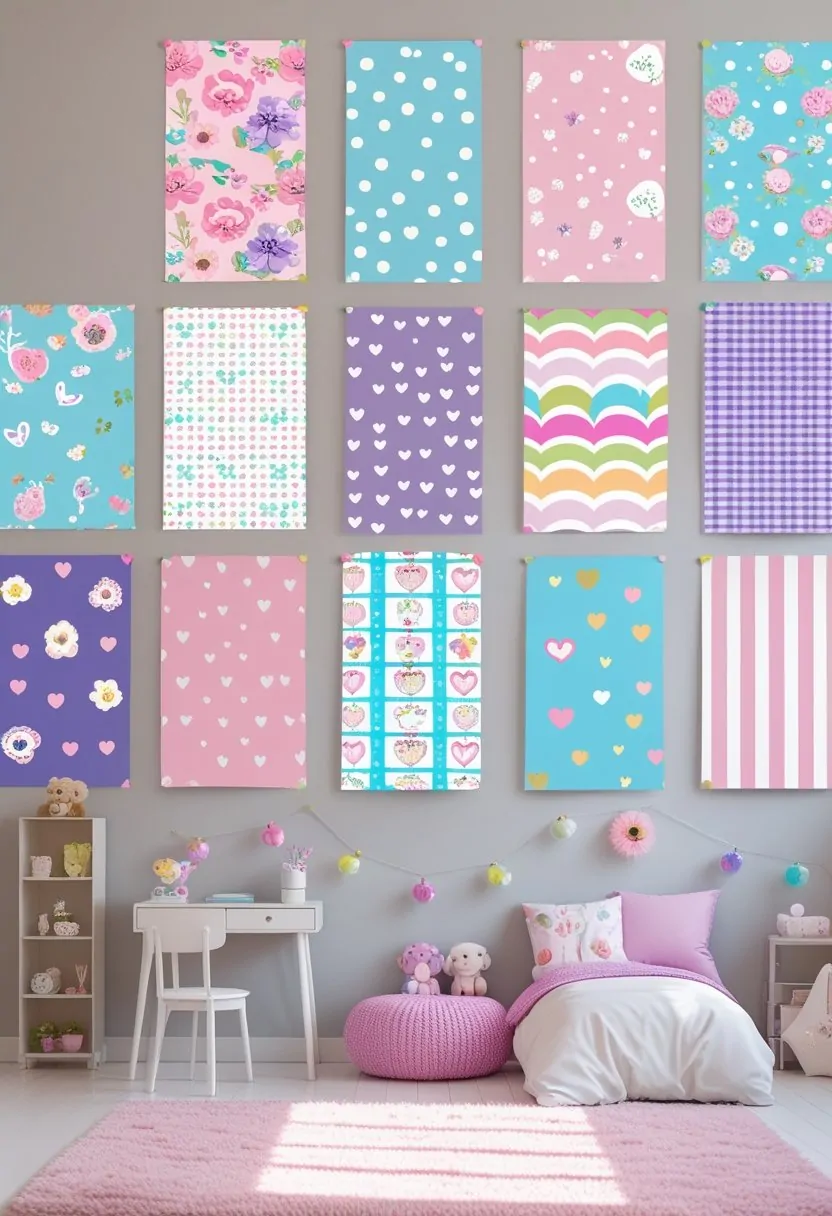 A bright bedroom showing eight different colorful girlish wallpaper patterns displayed on the walls and samples, with a cozy bed and soft decorations.