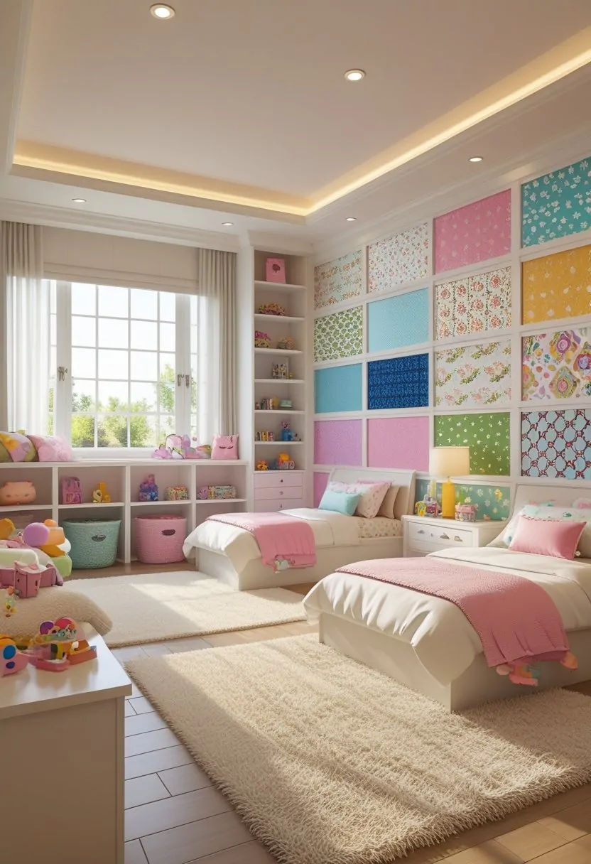A bright girls' bedroom with eight beds and colorful wallpaper samples displayed on the walls.