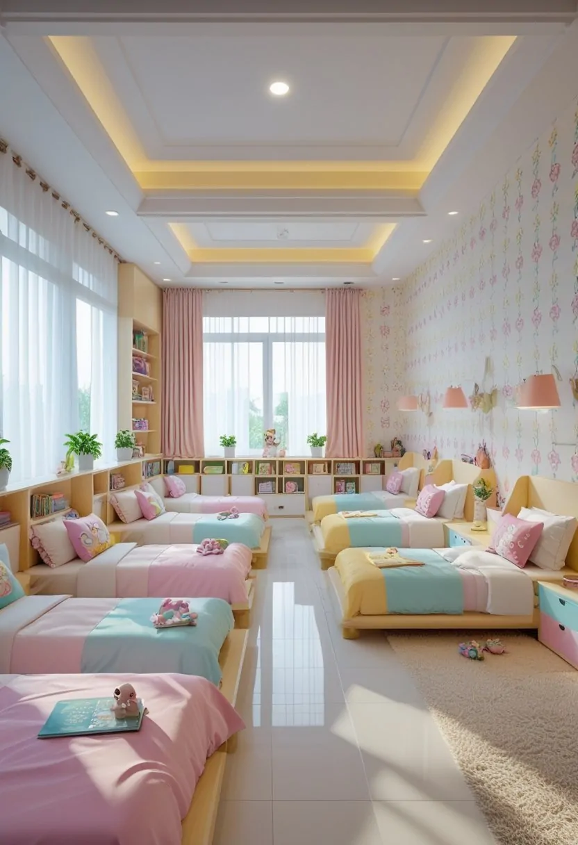 A bedroom with eight beds arranged neatly, colorful wallpaper on the walls, study desks, and natural light coming through large windows.
