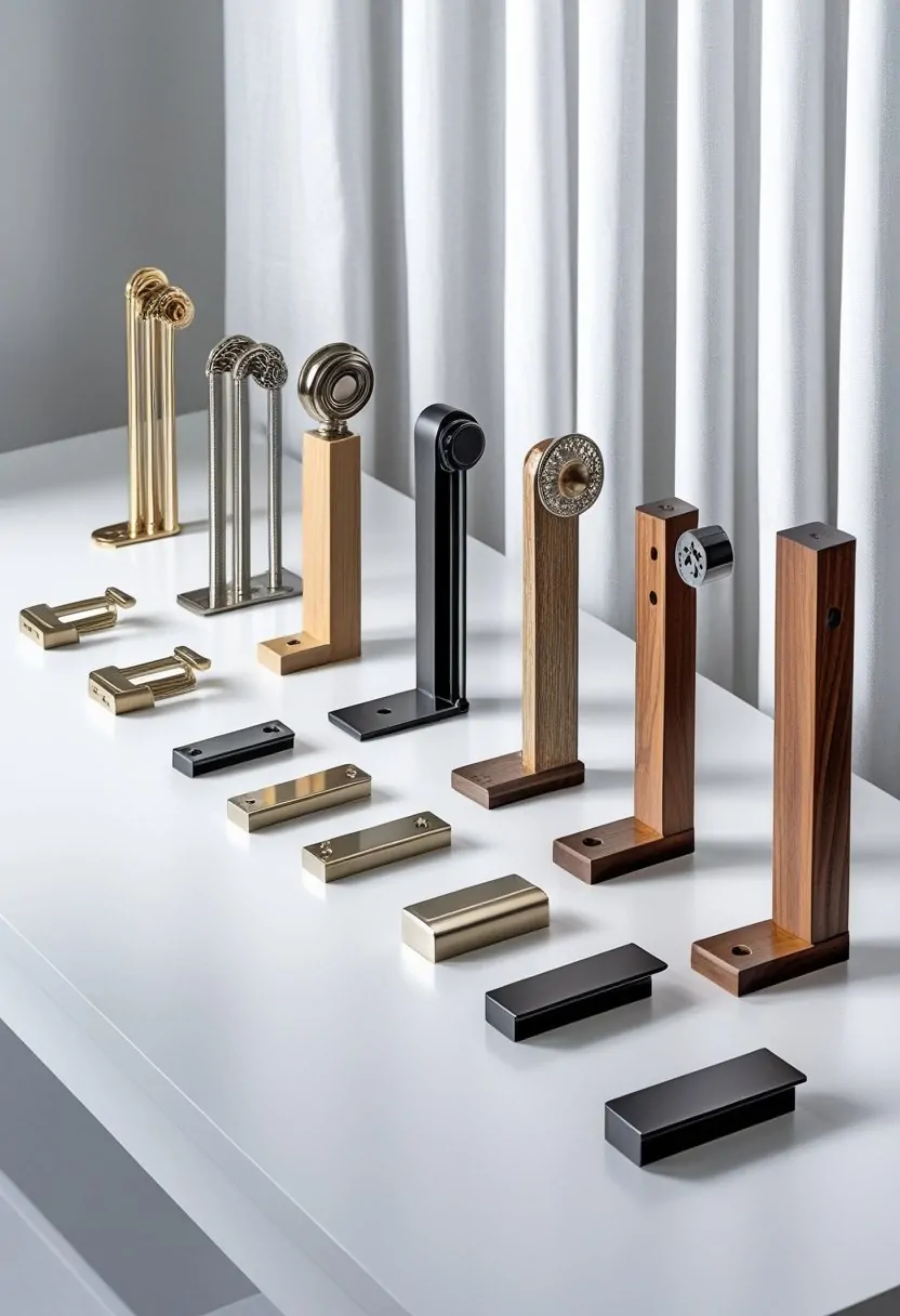 Seven different curtain rod brackets arranged on a white surface.