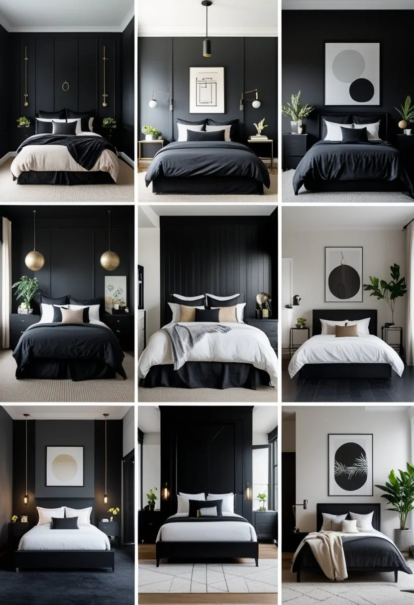 A collage of eight bedrooms featuring black walls, black furniture, and stylish decor with soft lighting.