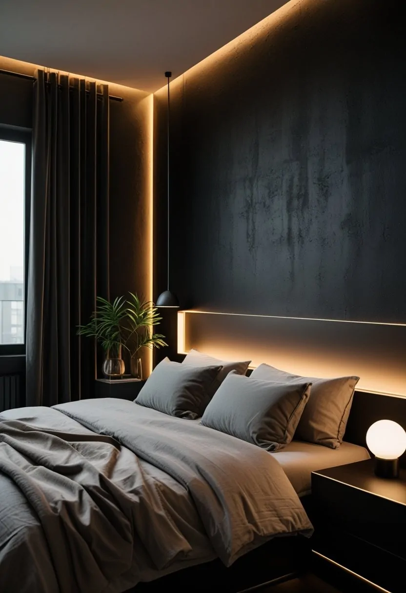 A bedroom with dark walls, a bed, soft lighting, and simple furniture creating a cozy atmosphere.