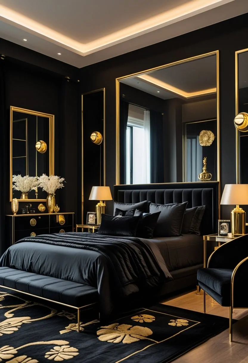 A black bedroom with a bed, bedside lamps, decorative items, and a mirror featuring gold and brass accents.
