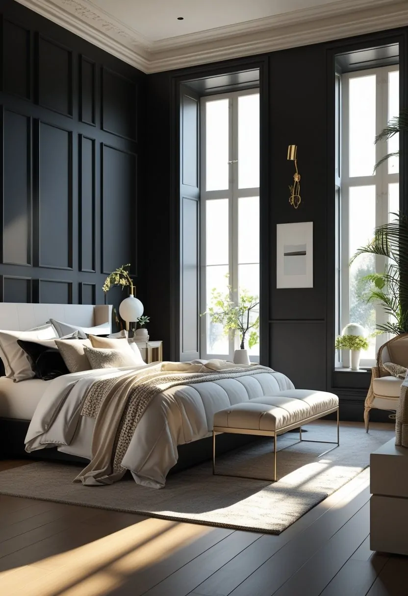 A bedroom with black walls lit by natural light coming through large windows, featuring neutral-toned furniture and cozy decor.