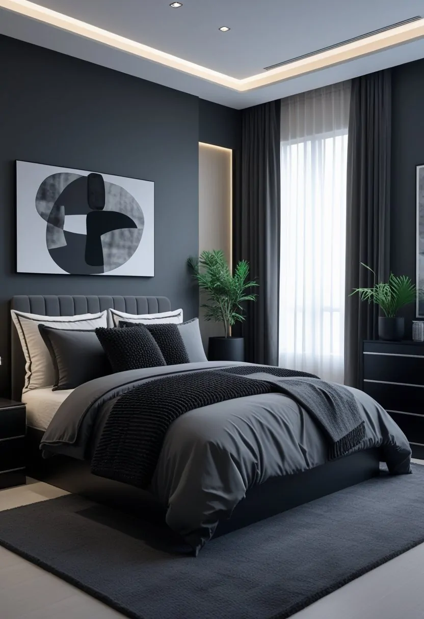 A bedroom with a large bed, dark gray bedding, black furniture, gray walls, and soft natural light coming through a window.