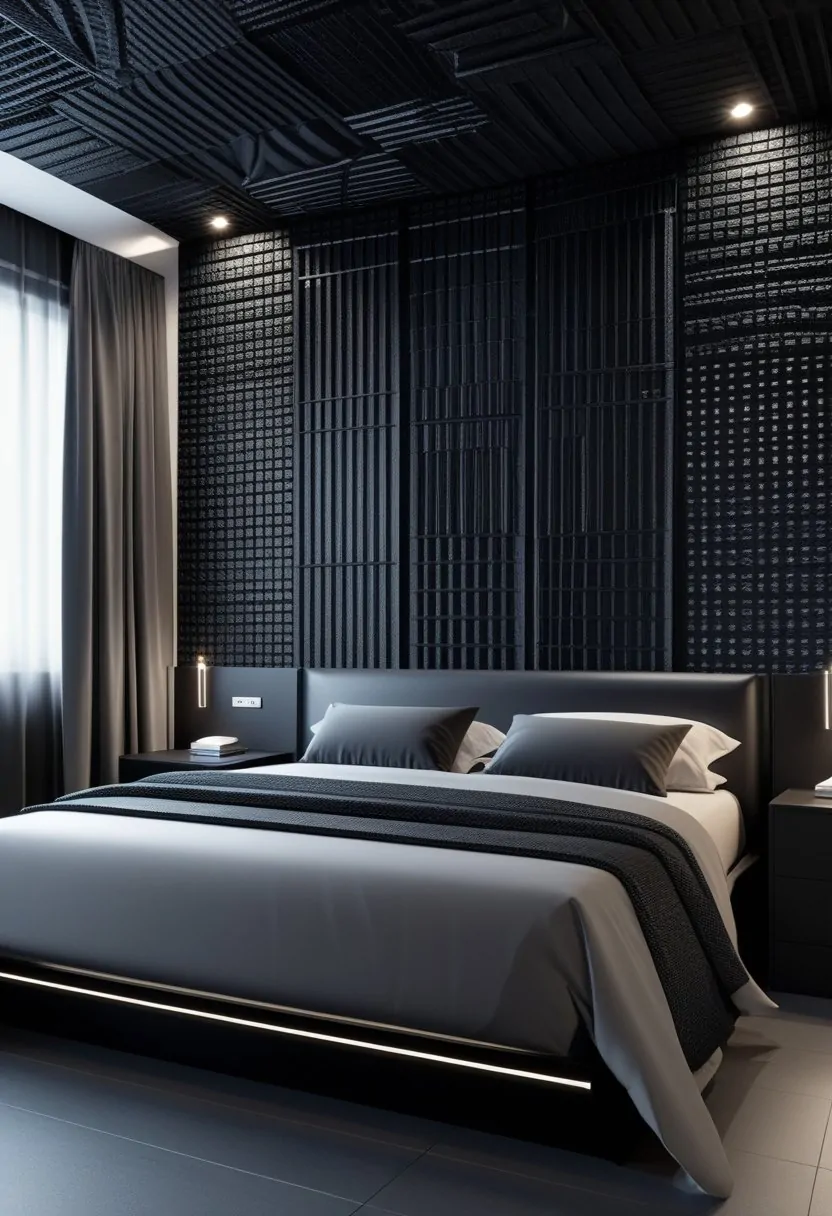 A modern bedroom with a black geometric patterned feature wall, a bed, nightstands, and ambient lighting.