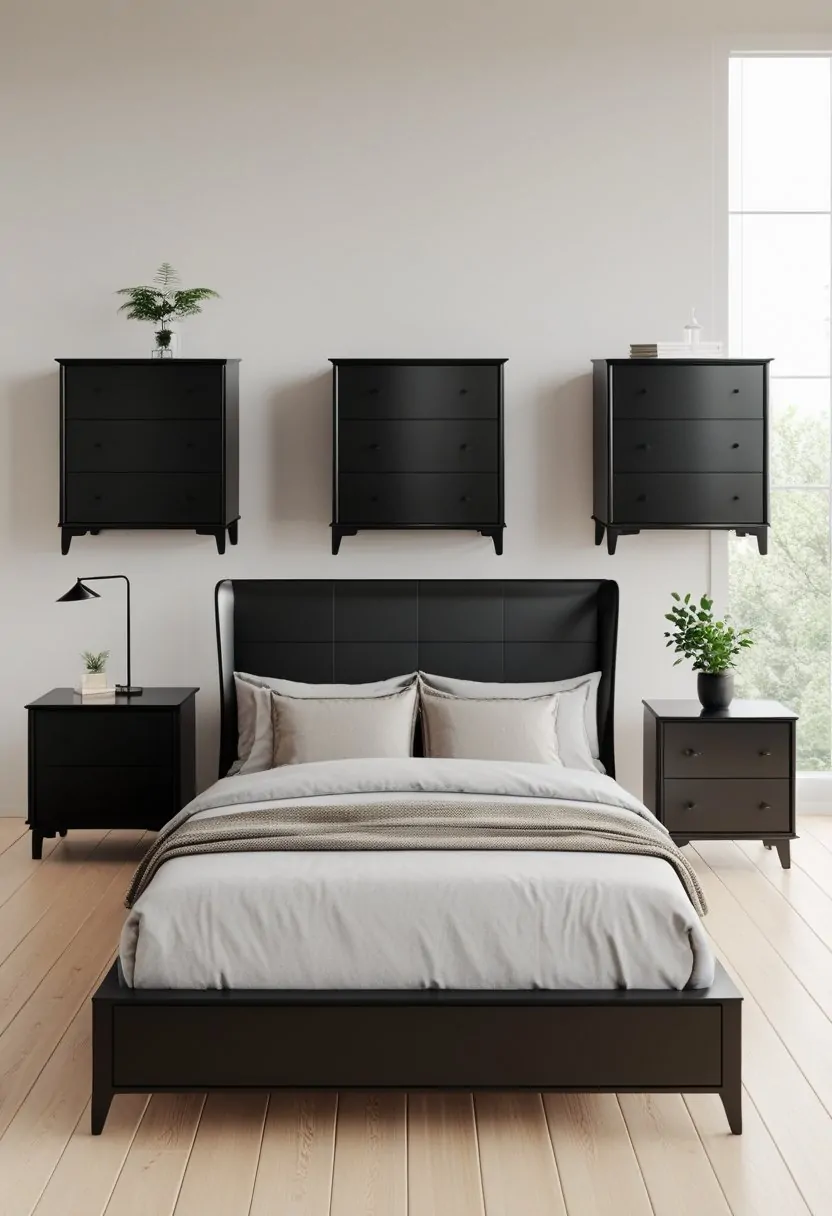 A bedroom with black furniture including a bed and nightstands, set on light wood flooring with natural light coming through windows.