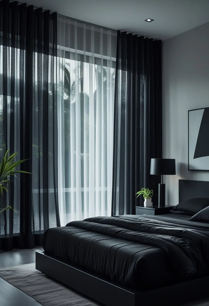 A bedroom with sheer black curtains softly filtering light, a black bed with dark bedding, and minimalist black furniture creating a cozy atmosphere.