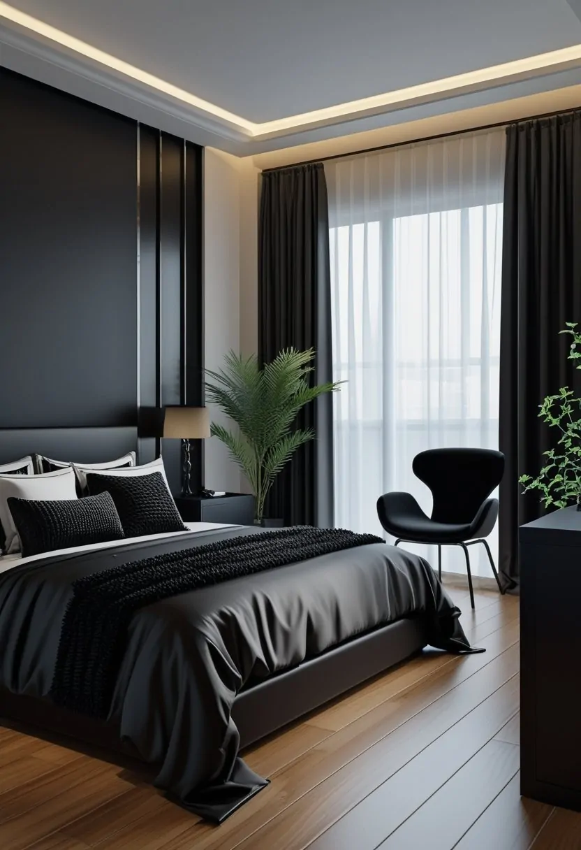 A bedroom with a black bed, black walls, wooden floor, nightstands with lamps, an accent chair, and a window with sheer curtains.