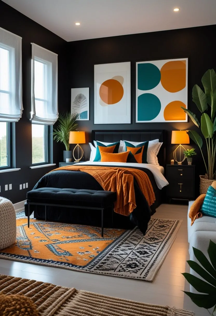 A black bedroom with a bed, nightstands, lamps, and colorful accents creating a balanced and inviting atmosphere.