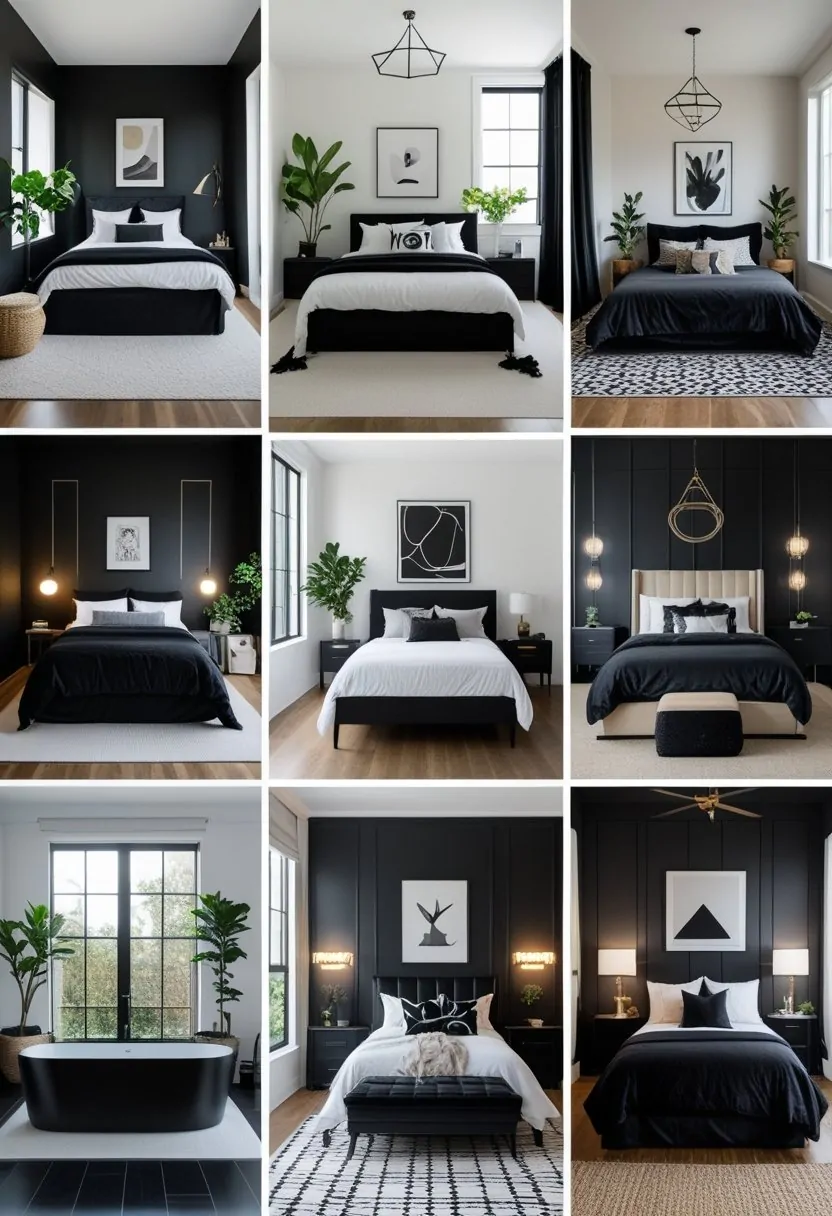 Eight different bedrooms featuring black walls, furniture, and decor, each with unique layouts and lighting.